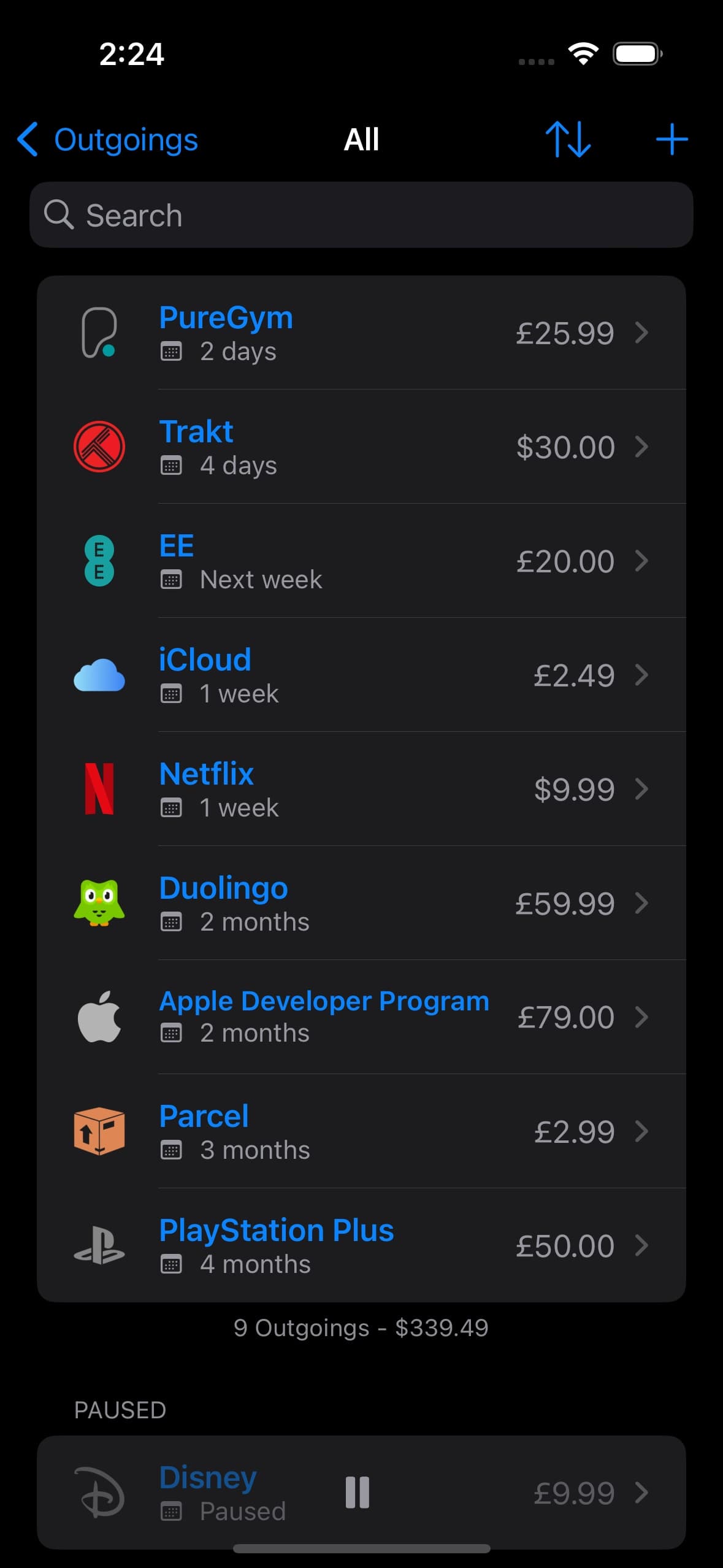 Screenshot of Outgoings